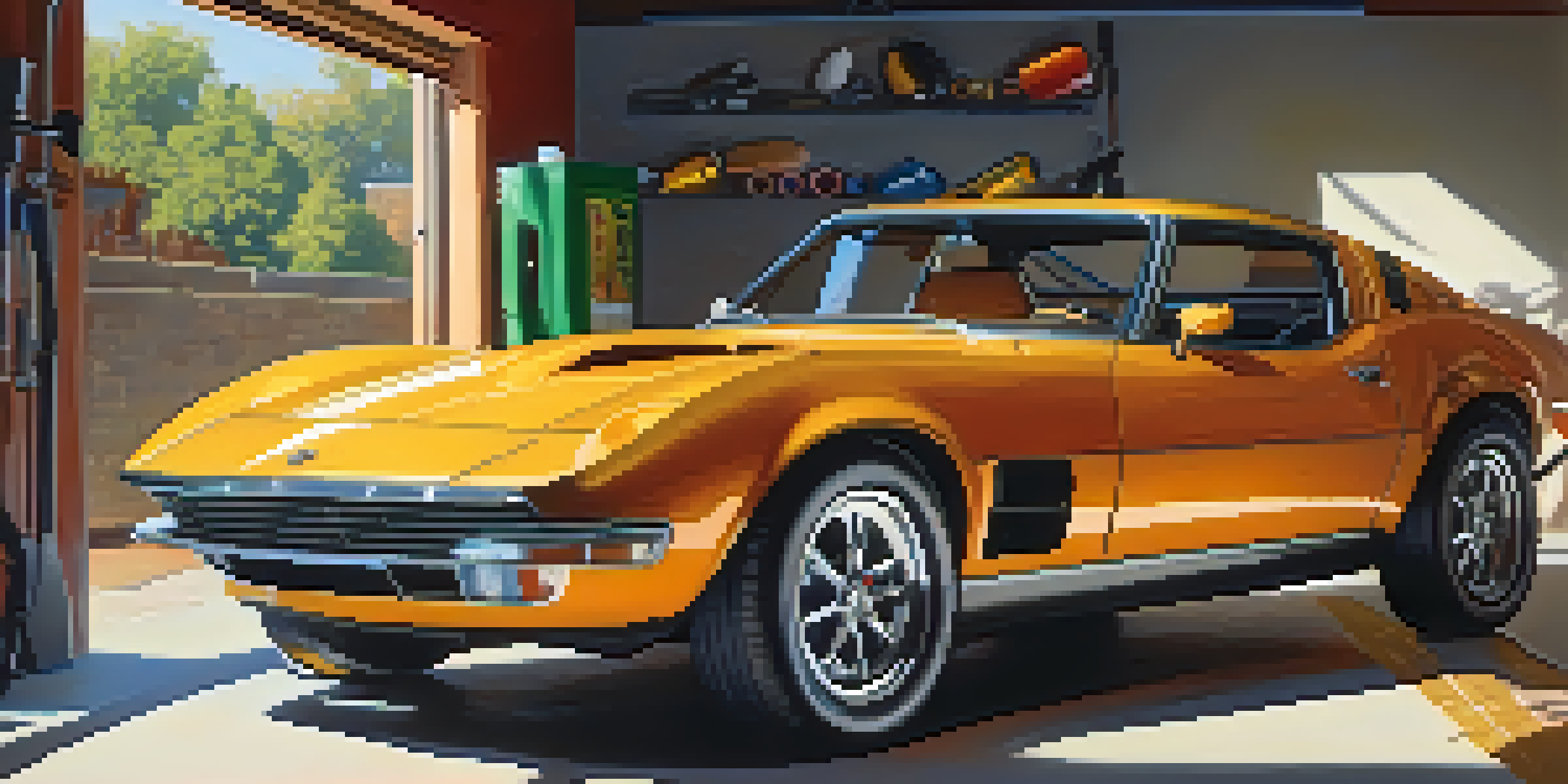 A shiny sports car in a well-lit garage with tools and nutrition supplements, representing the concept of optimal fueling.