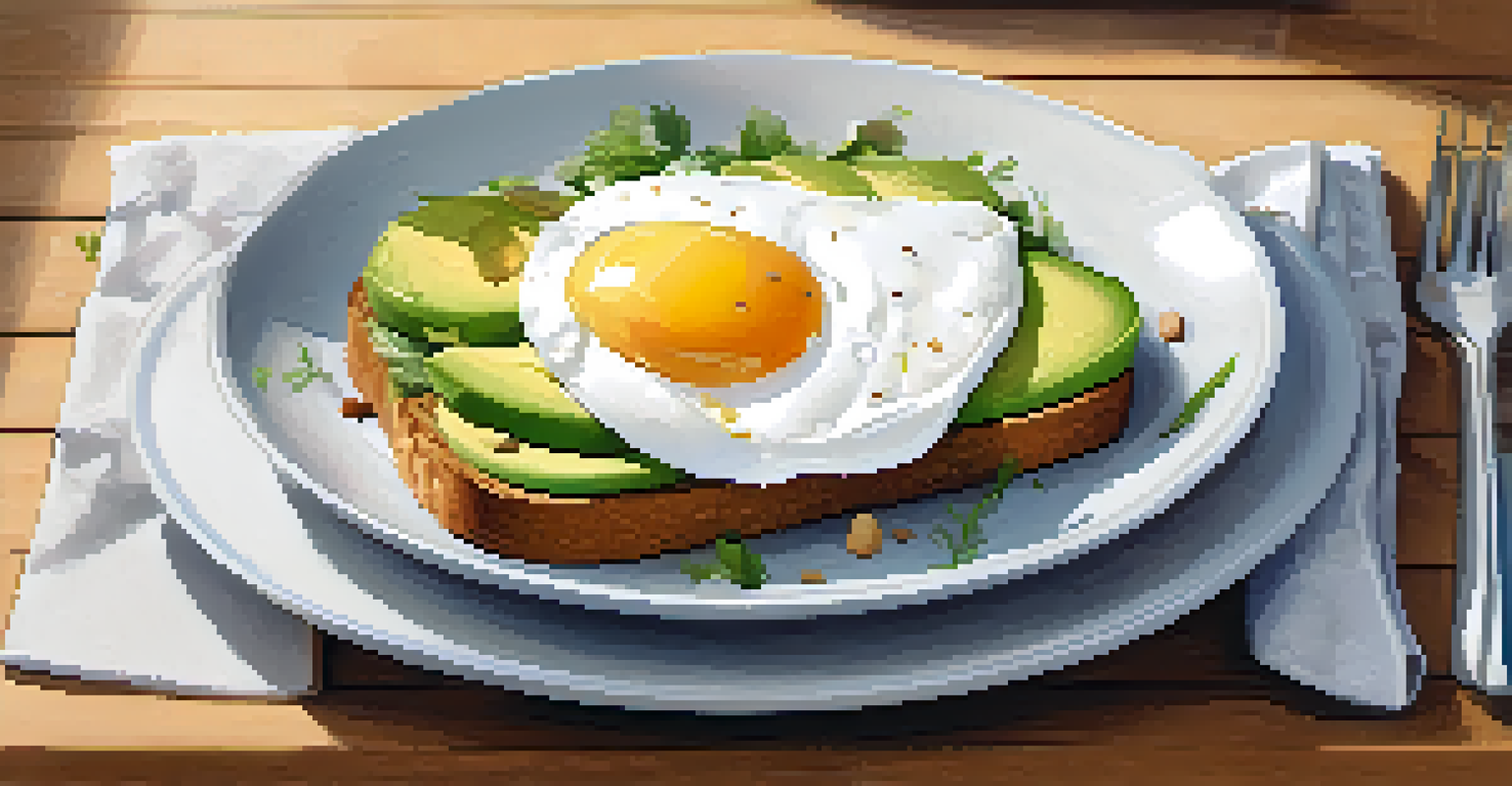 A dining table displaying a pre-workout meal of avocado toast with a poached egg, nuts, and a glass of water, set in a cozy, softly lit environment.