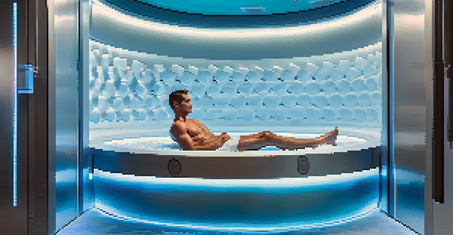 An athlete in a cryotherapy chamber filled with vapor, looking relaxed in a modern, minimalist setting.