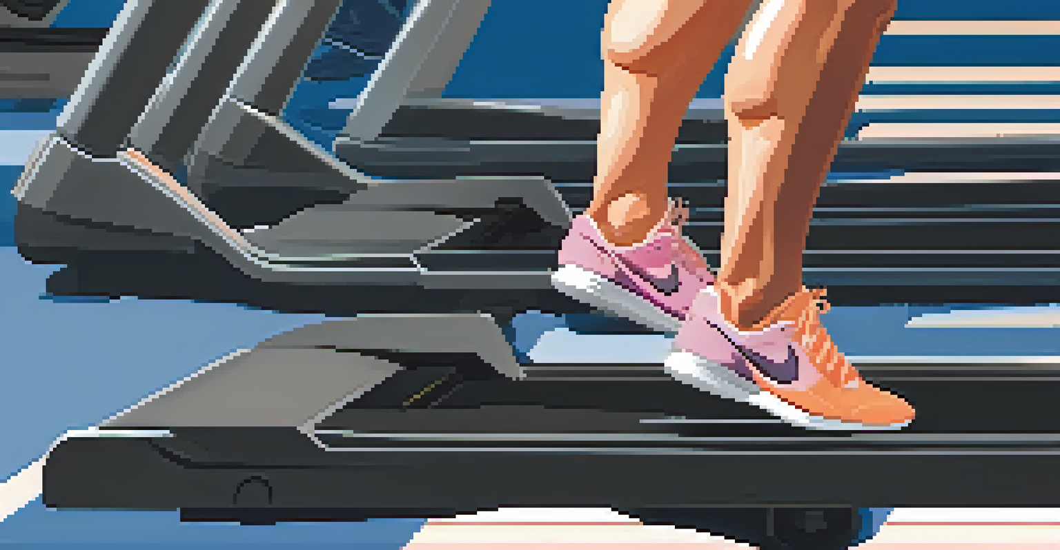 Close-up of a bodybuilder's feet on a treadmill, emphasizing warm-up cardio in a modern gym.
