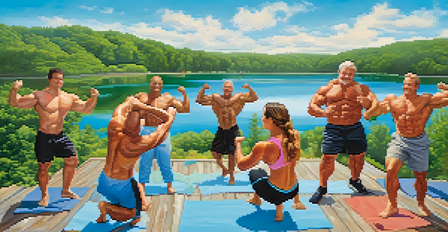 A diverse group of bodybuilders enjoying a workout outdoors with yoga and swimming by a lake.
