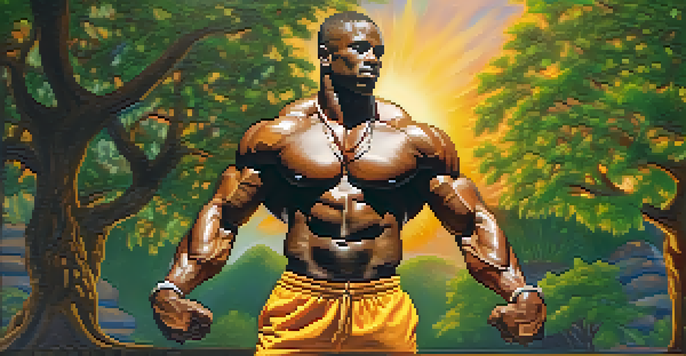 An African bodybuilder posing in an outdoor setting, muscles prominently defined, with a sunset in the background and traditional fabrics.