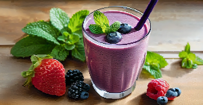 A refreshing Berry Blast Protein Smoothie in a clear glass, with fresh mixed berries and a banana on a wooden counter, illuminated by sunlight.