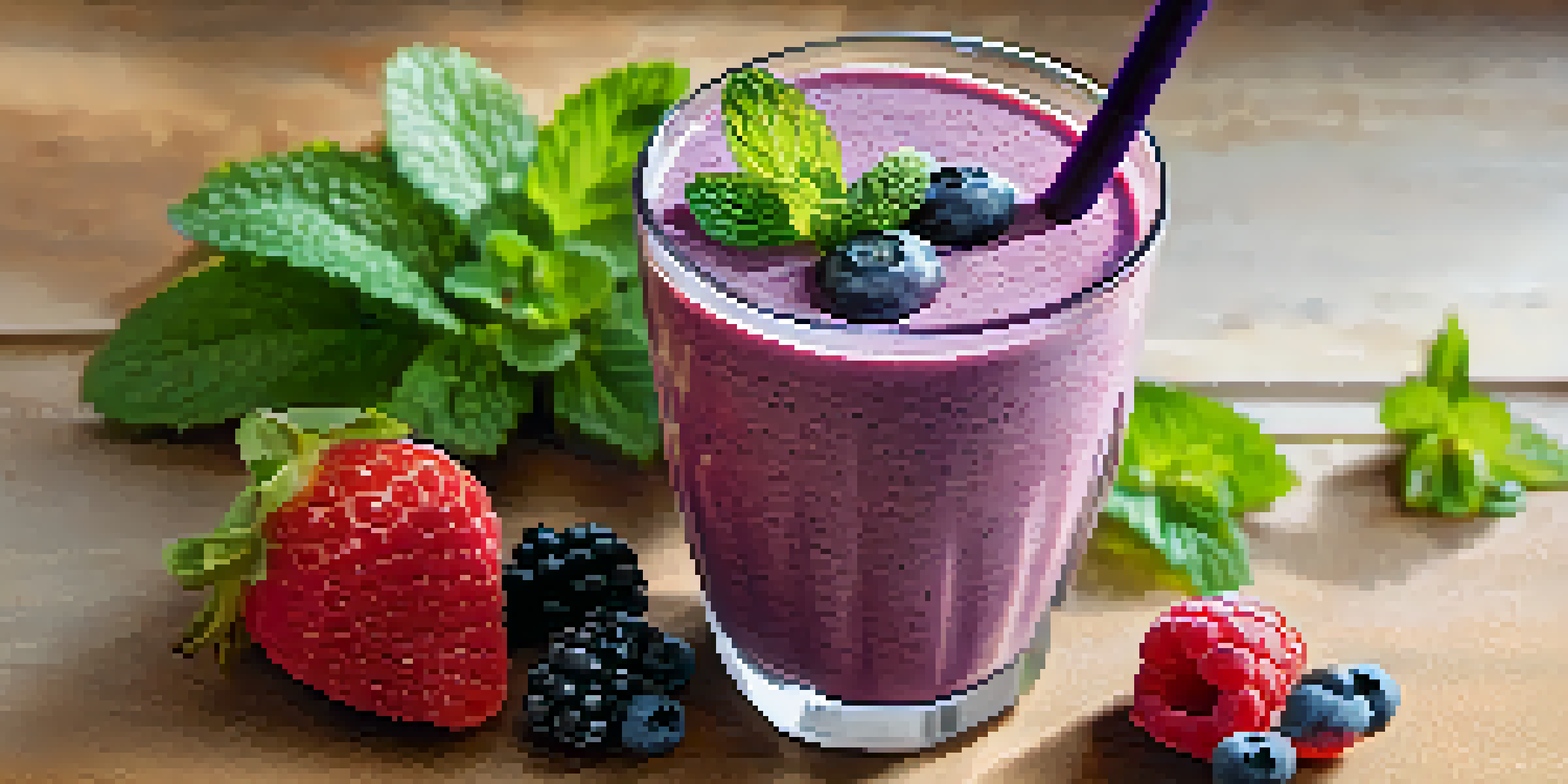 A refreshing Berry Blast Protein Smoothie in a clear glass, with fresh mixed berries and a banana on a wooden counter, illuminated by sunlight.