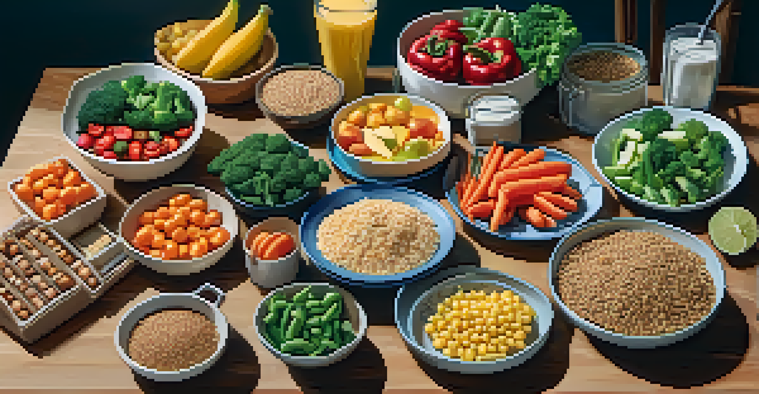 A meal prep scene with healthy foods and a meal plan, showcasing colorful vegetables and lean proteins.