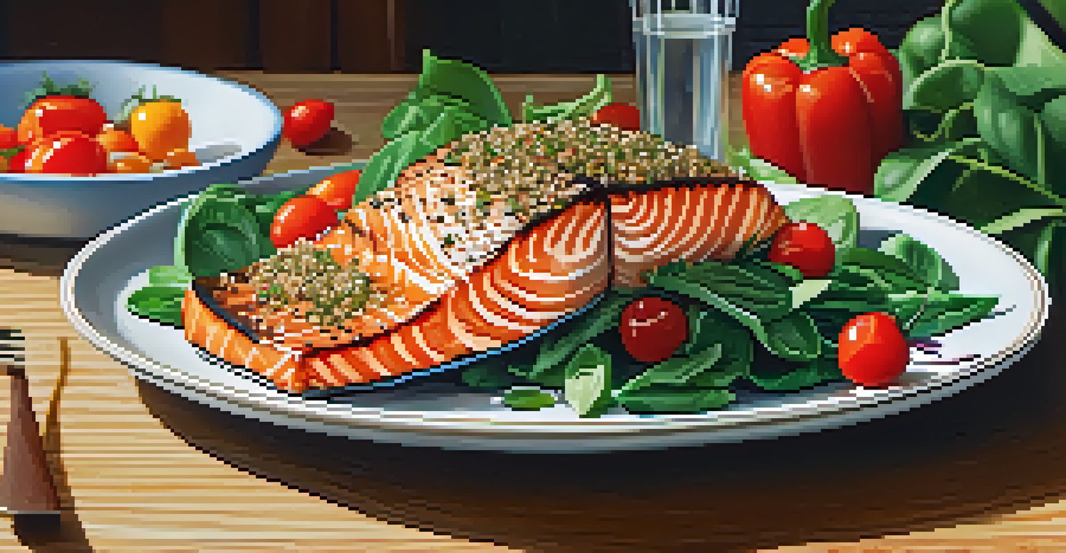 A healthy meal plate with grilled salmon, quinoa, and colorful vegetables on a wooden table, illuminated by natural light.