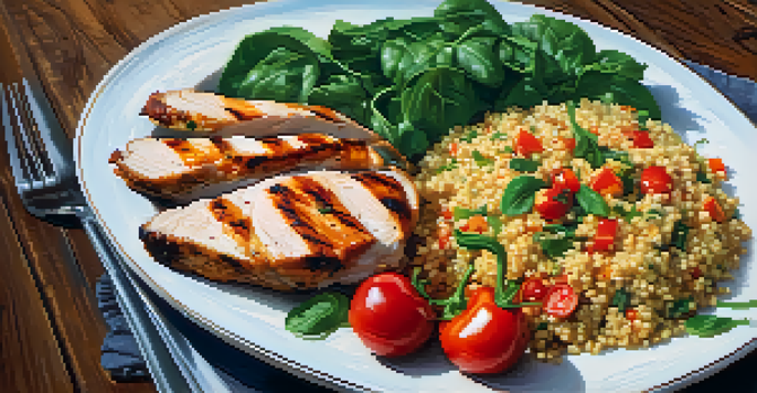 A bright plate of grilled chicken, quinoa, and fresh vegetables on a wooden table, with soft natural lighting.