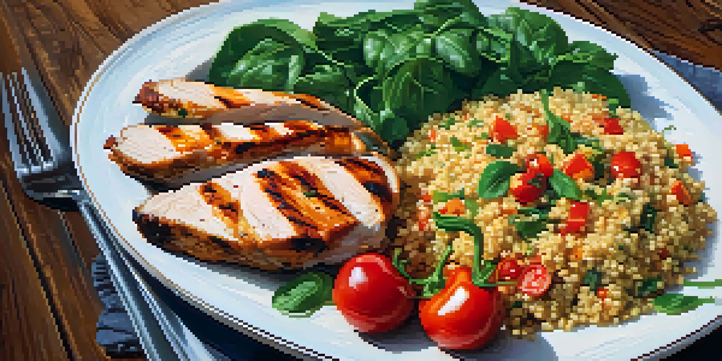 A bright plate of grilled chicken, quinoa, and fresh vegetables on a wooden table, with soft natural lighting.