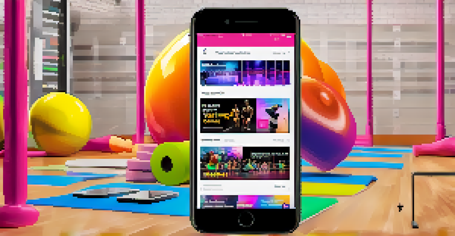 A smartphone displaying a colorful fitness playlist in a gym setting, surrounded by workout equipment.