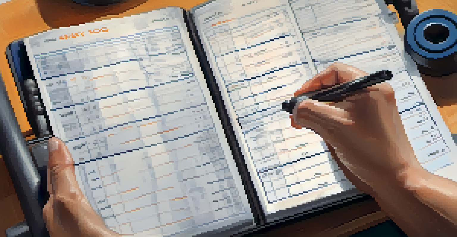 Close-up of hands holding a notebook filled with workout logs in a gym setting.