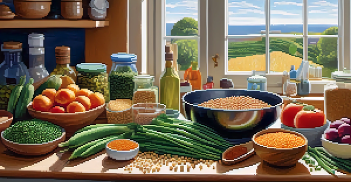 A kitchen countertop filled with colorful plant-based protein sources like lentils, chickpeas, and quinoa, with a cookbook open nearby.