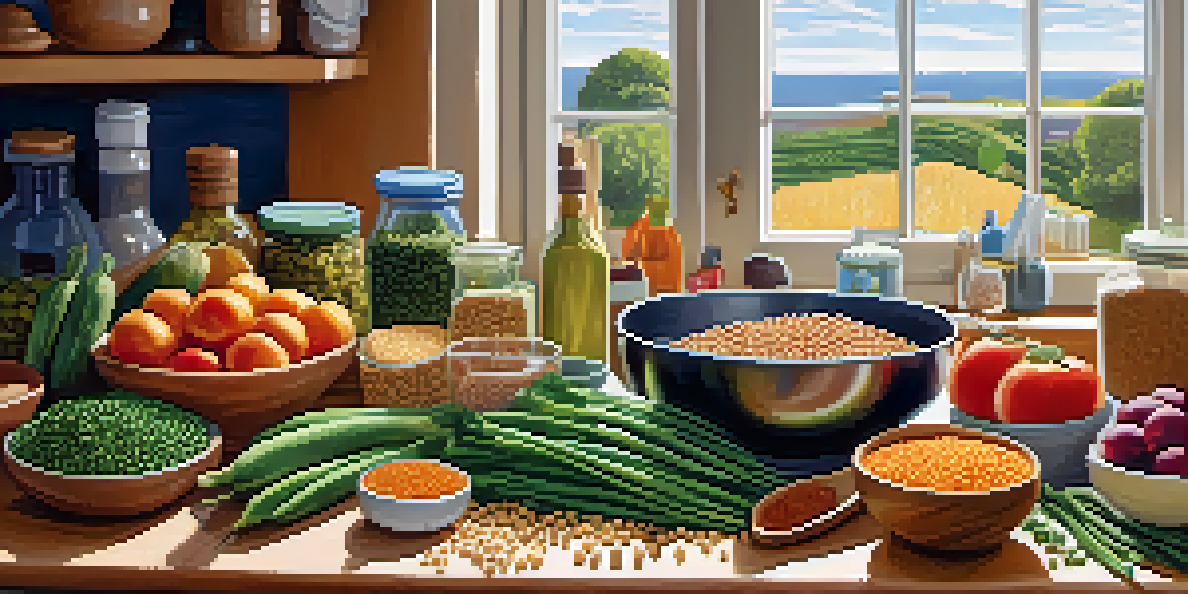 A kitchen countertop filled with colorful plant-based protein sources like lentils, chickpeas, and quinoa, with a cookbook open nearby.