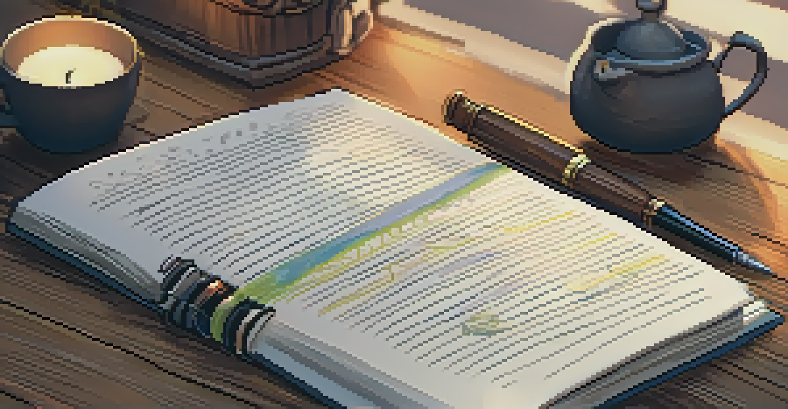 An open journal with handwritten notes and a fountain pen on a wooden desk, with a cup of tea and a lit candle in the background.