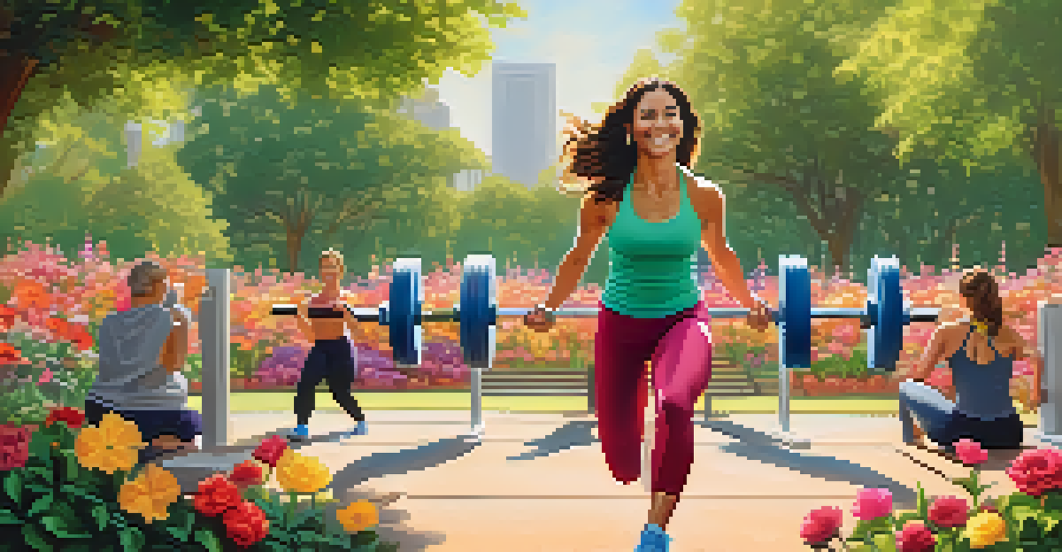 A confident woman lifting weights in a sunny park, with greenery and other fitness enthusiasts in the background.