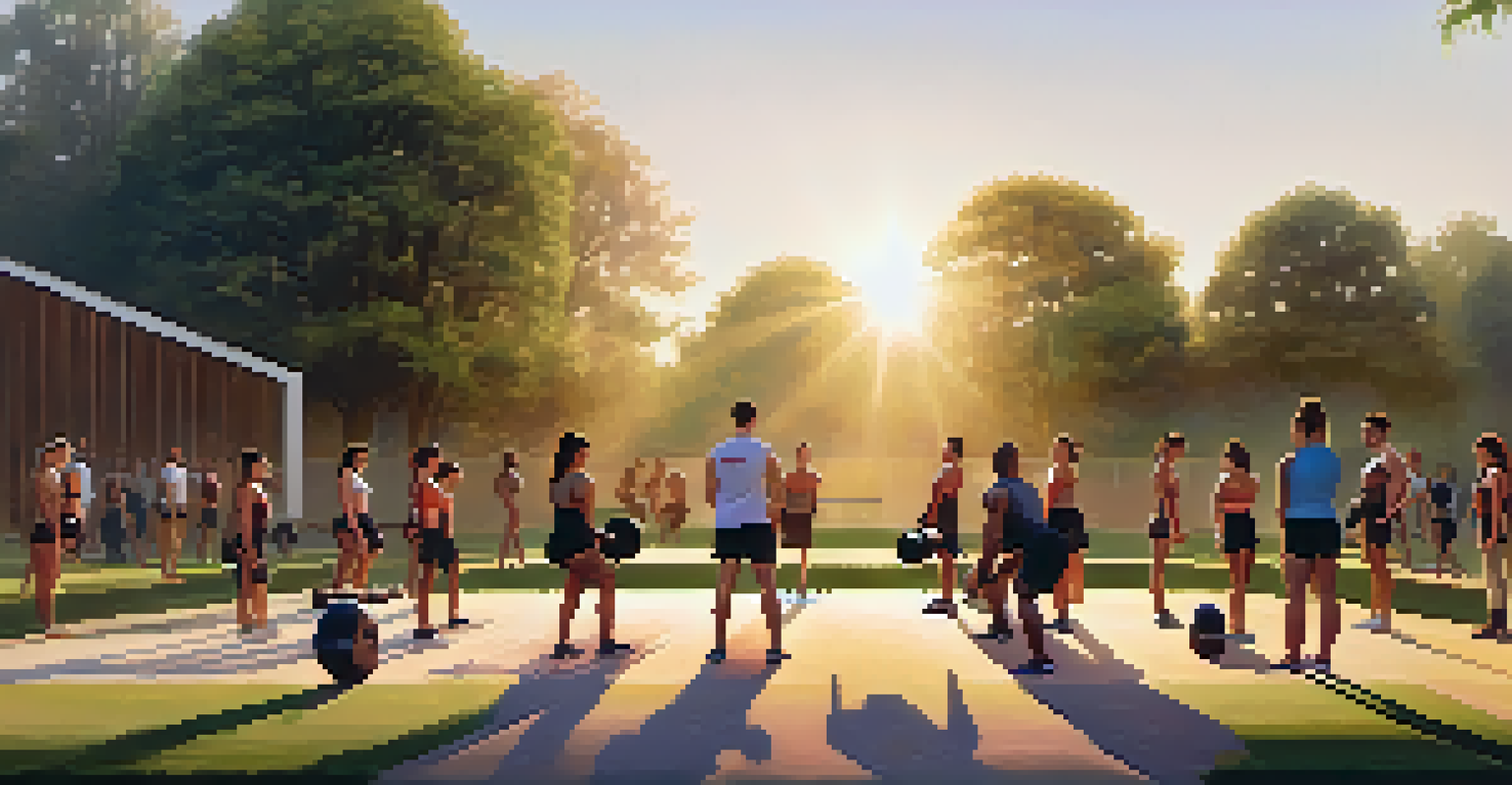 A group of people performing deadlifts with kettlebells outdoors during sunset, surrounded by greenery.