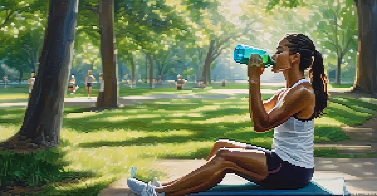 An athletic person exercising in a park while drinking from a water bottle, surrounded by greenery and sunlight, emphasizing the importance of hydration during workouts.