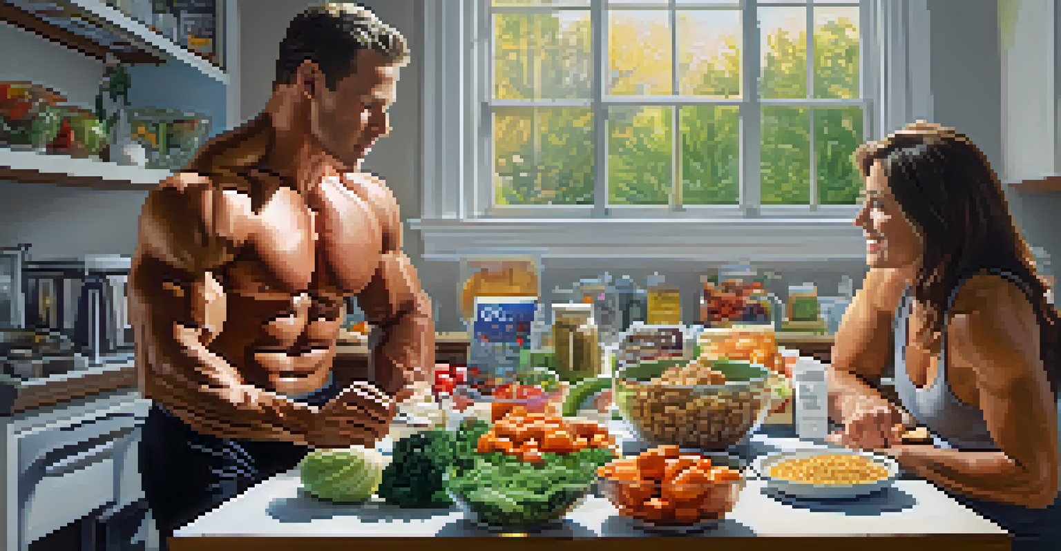 A nutritionist and a bodybuilder reviewing a meal plan with healthy foods on the table.