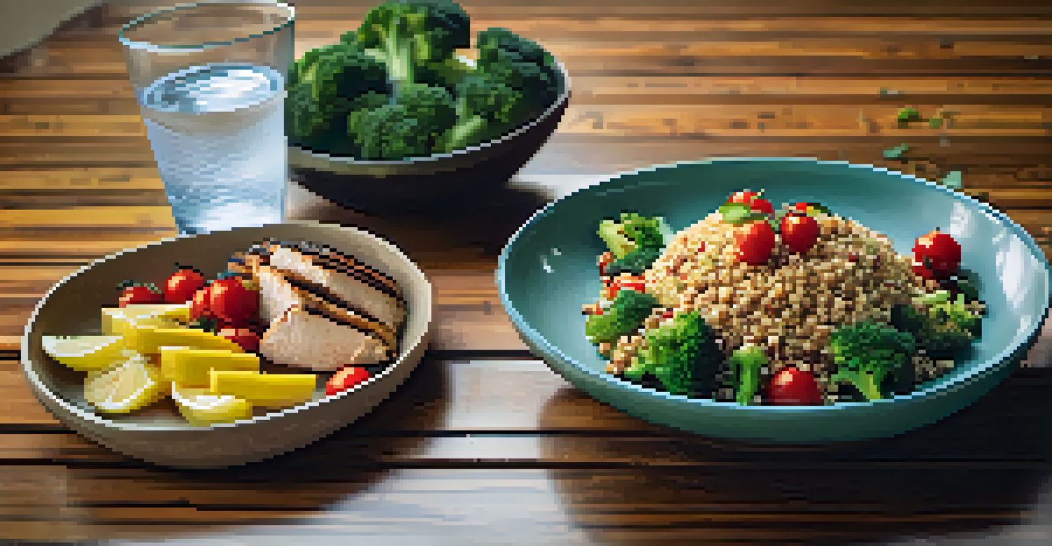 A healthy pre-workout meal with quinoa, grilled chicken, and vegetables on a wooden table, accompanied by water and a fitness tracker.