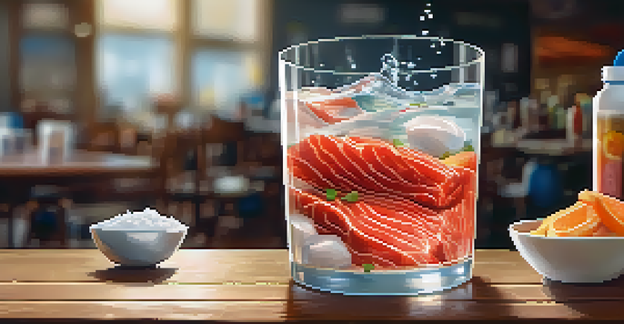 A glass of water with creatine powder dissolving, ingredients like meat and fish around it, and a blurred gym background.