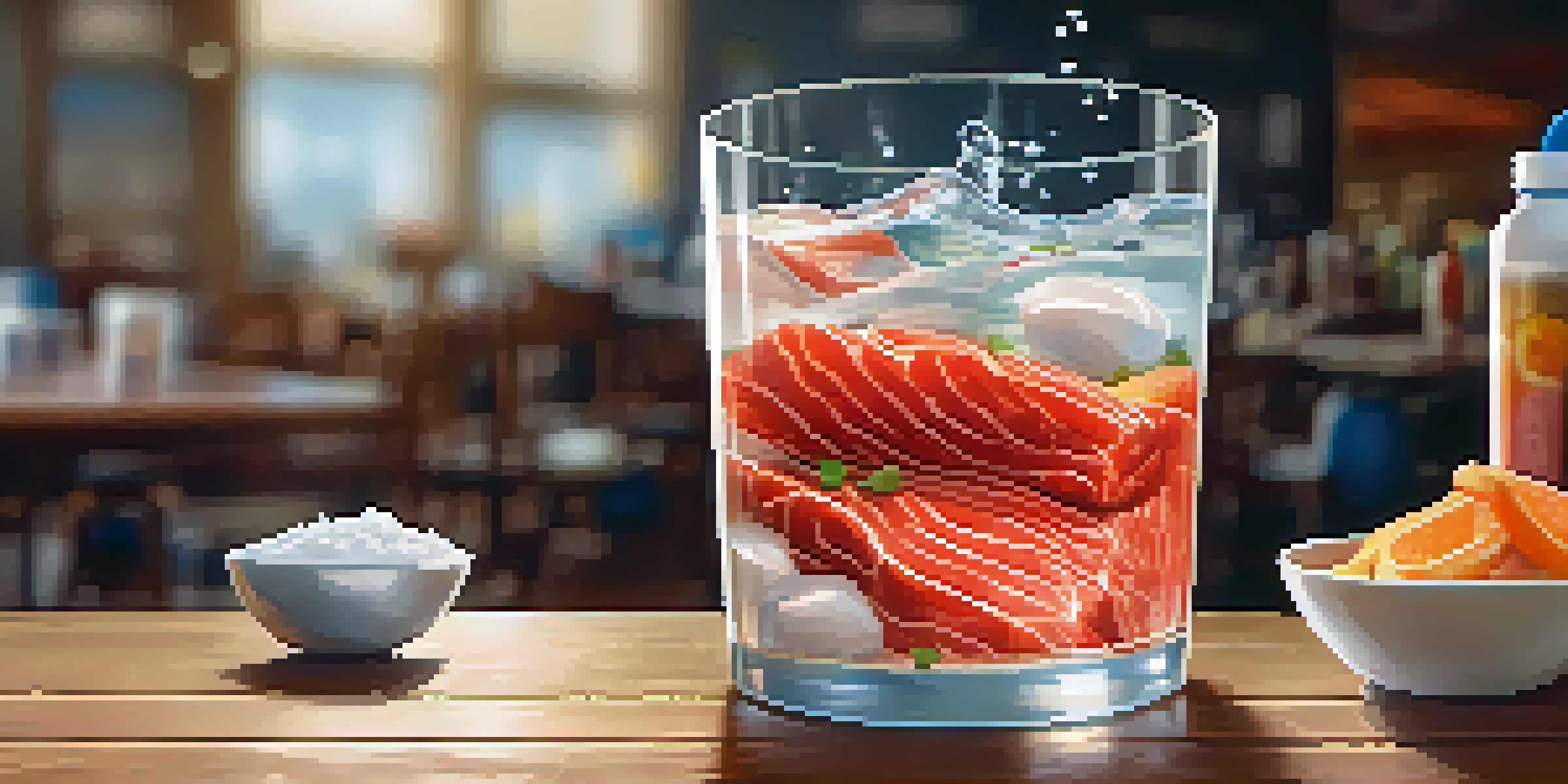 A glass of water with creatine powder dissolving, ingredients like meat and fish around it, and a blurred gym background.