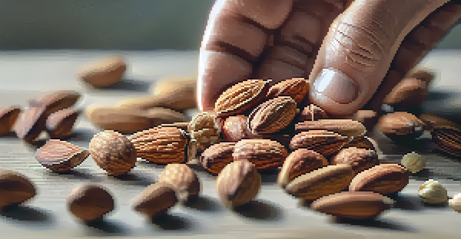 A hand holding a mix of nuts and seeds against a blurred background.