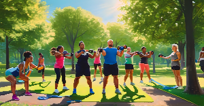 A vibrant outdoor fitness scene with people exercising together in a park, using resistance bands and kettlebells under a sunny sky.