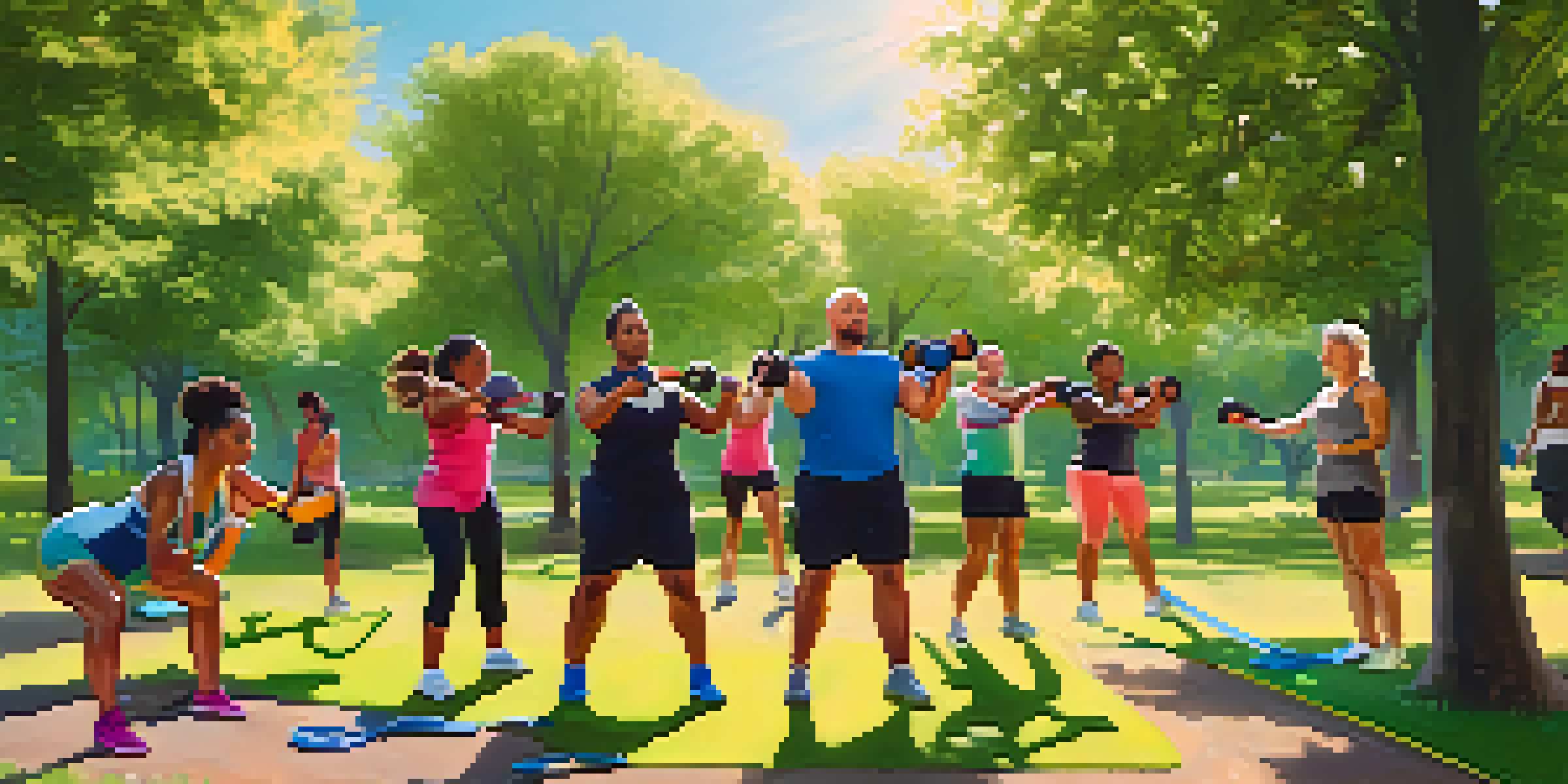 A vibrant outdoor fitness scene with people exercising together in a park, using resistance bands and kettlebells under a sunny sky.