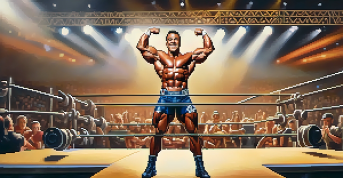 A male bodybuilder posing on stage with bright lights and an audience in the background, showcasing his well-defined muscles.