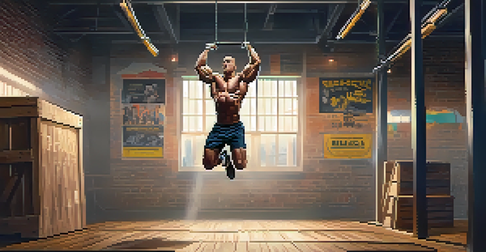 A muscular man performing a box jump in a brightly lit gym, surrounded by motivational posters.