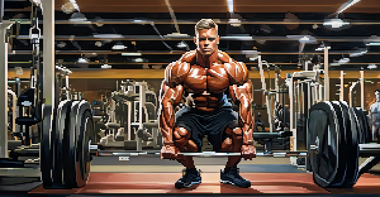 A bodybuilder lifting weights in a gym with a determined expression.
