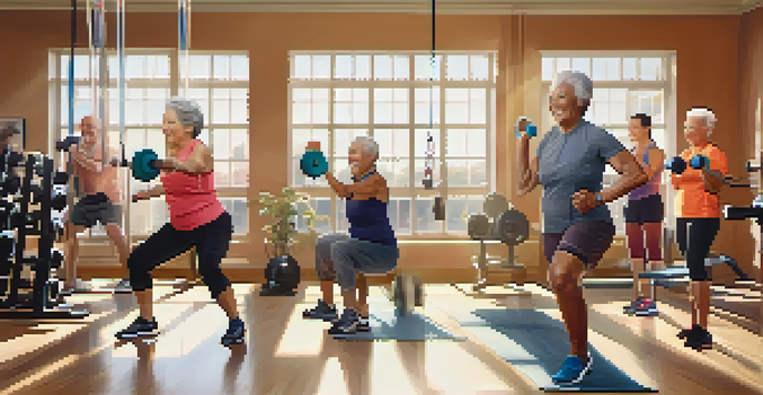 A gym scene with older adults happily lifting weights and using resistance bands, surrounded by bright, natural light.