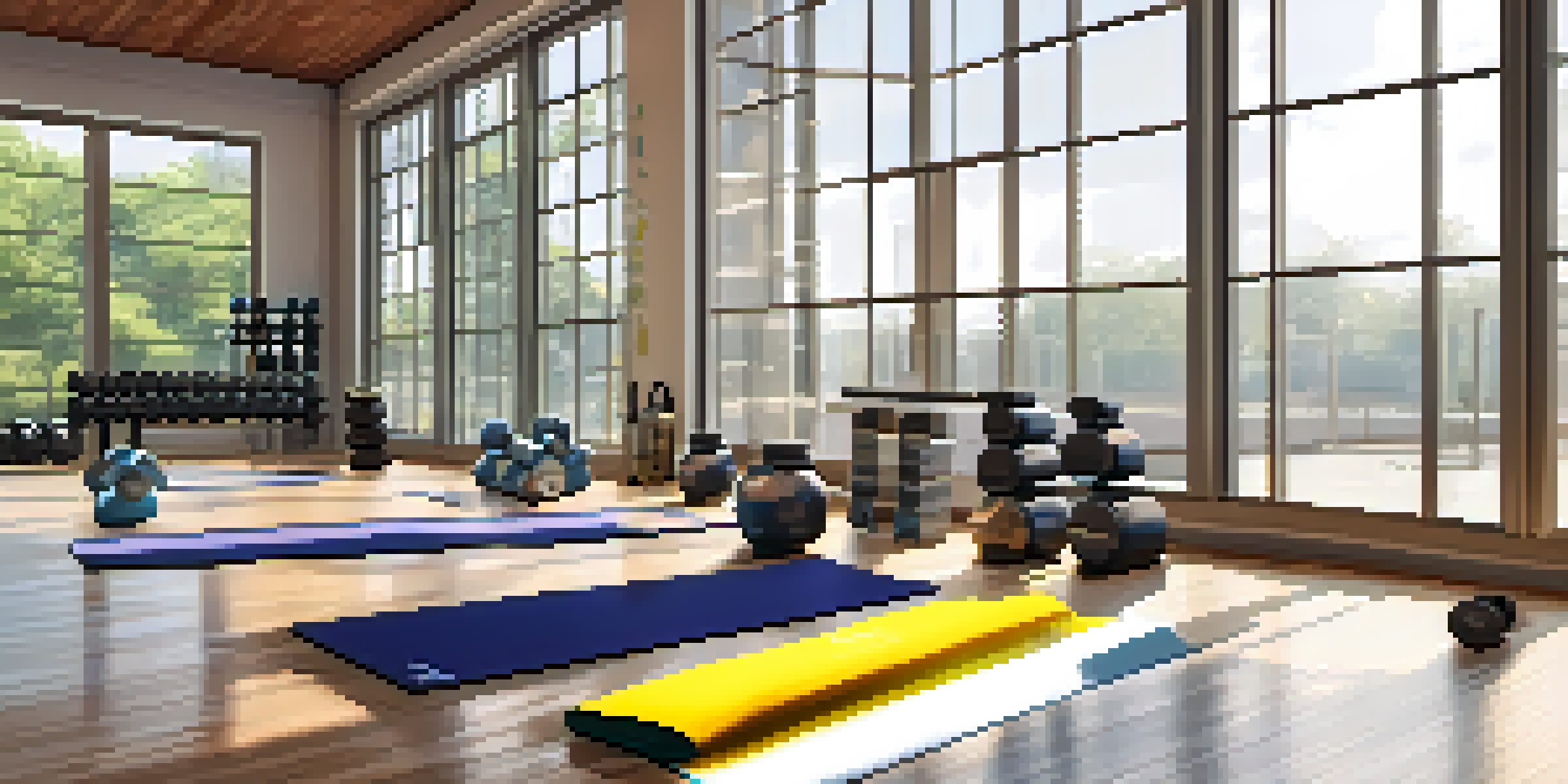 A bright gym with dumbbells and a yoga mat, sunlight streaming through windows, a digital clock, and a water bottle.