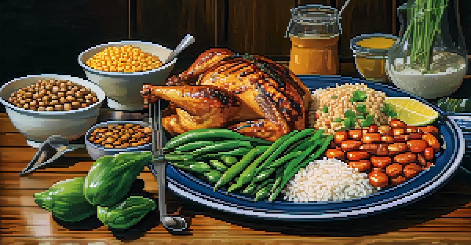A nutritious meal displaying a mix of Western and Eastern bodybuilding foods, including grilled chicken, rice, and vegetables, on a rustic table.