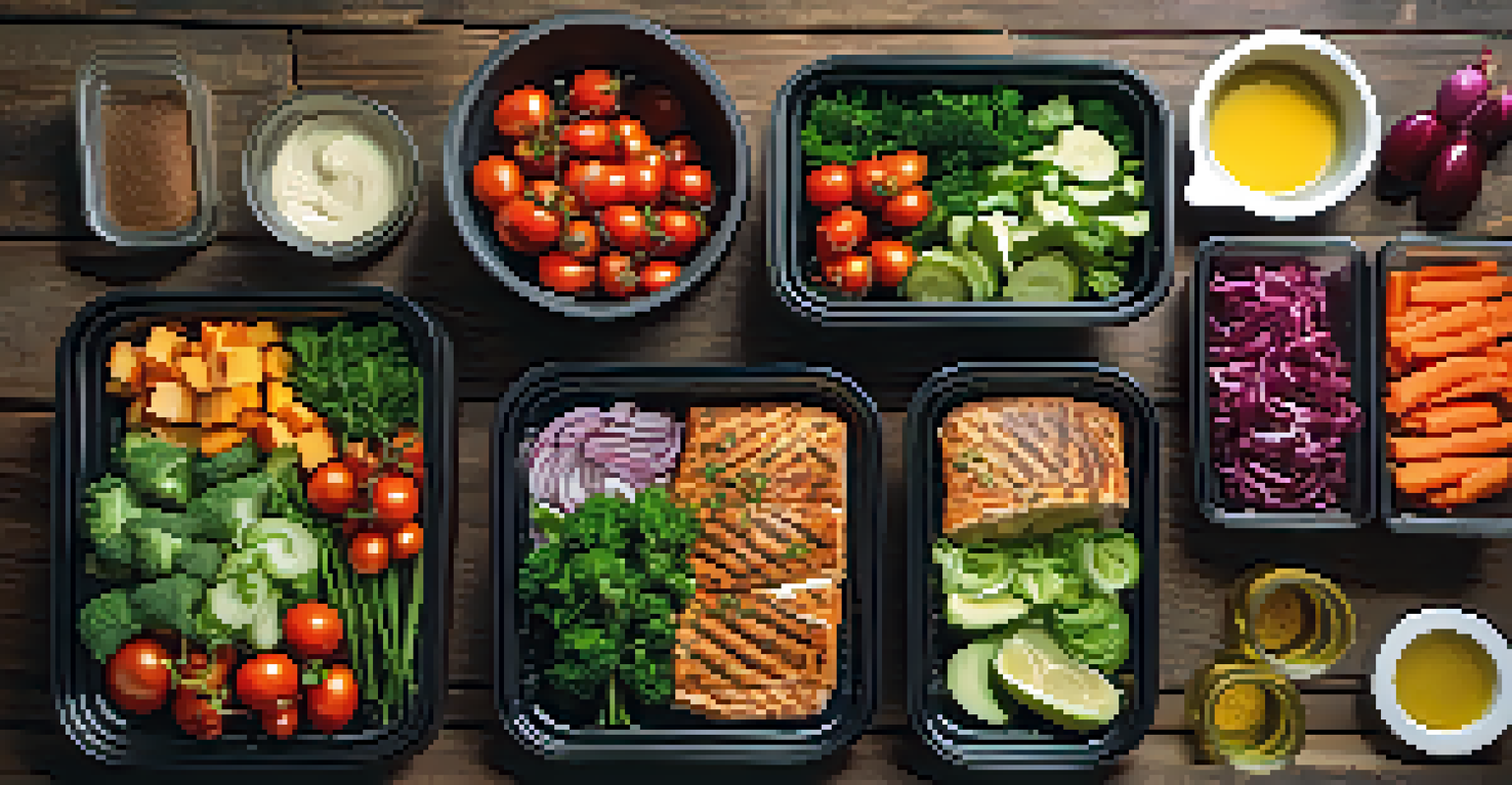 A meal prep scene with containers of balanced meals, featuring proteins, vegetables, and healthy fats, on a rustic wooden table.