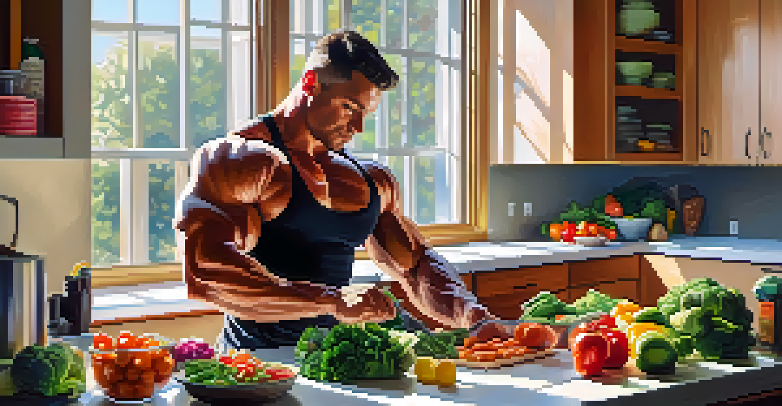 A bodybuilder in a modern kitchen preparing a healthy meal with fresh ingredients.