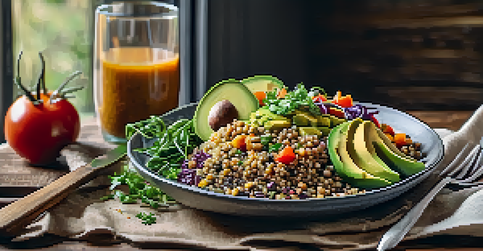 A grain bowl with quinoa, lentils, vegetables, and avocado on a rustic wooden table, beautifully garnished.