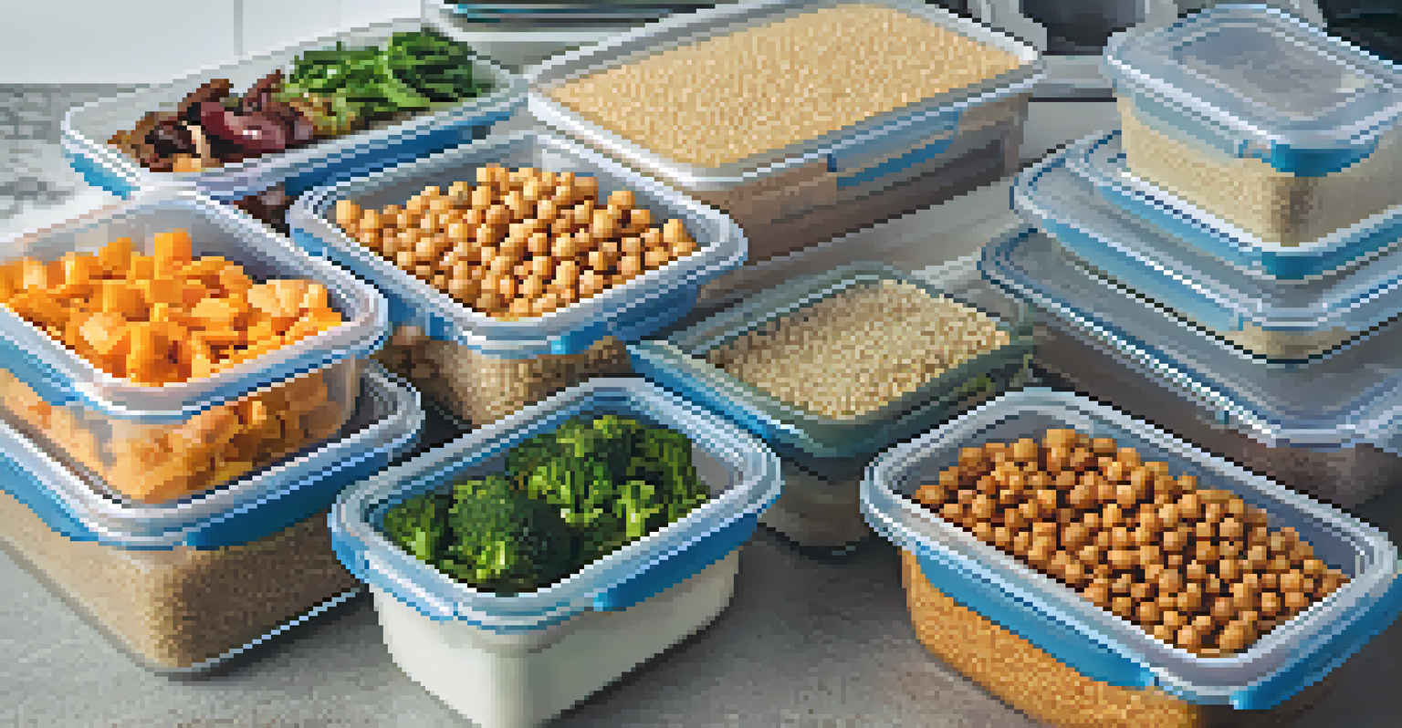 A close-up of stacked airtight meal prep containers filled with quinoa, vegetables, and chickpeas, organized in a fridge with visible labels.