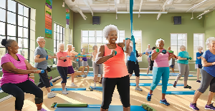 An inviting gym where seniors are engaged in a gentle strength training class with resistance bands and light weights, smiling and supporting each other.