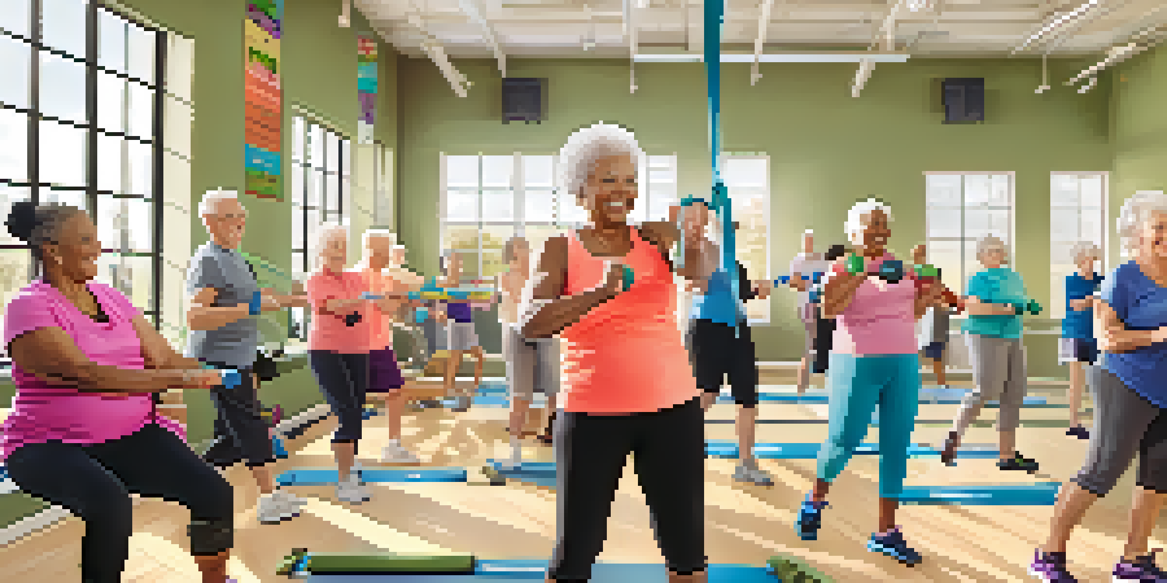 An inviting gym where seniors are engaged in a gentle strength training class with resistance bands and light weights, smiling and supporting each other.