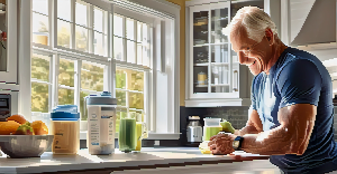 A senior athlete makes a protein shake in a sunny kitchen, showcasing healthy ingredients.