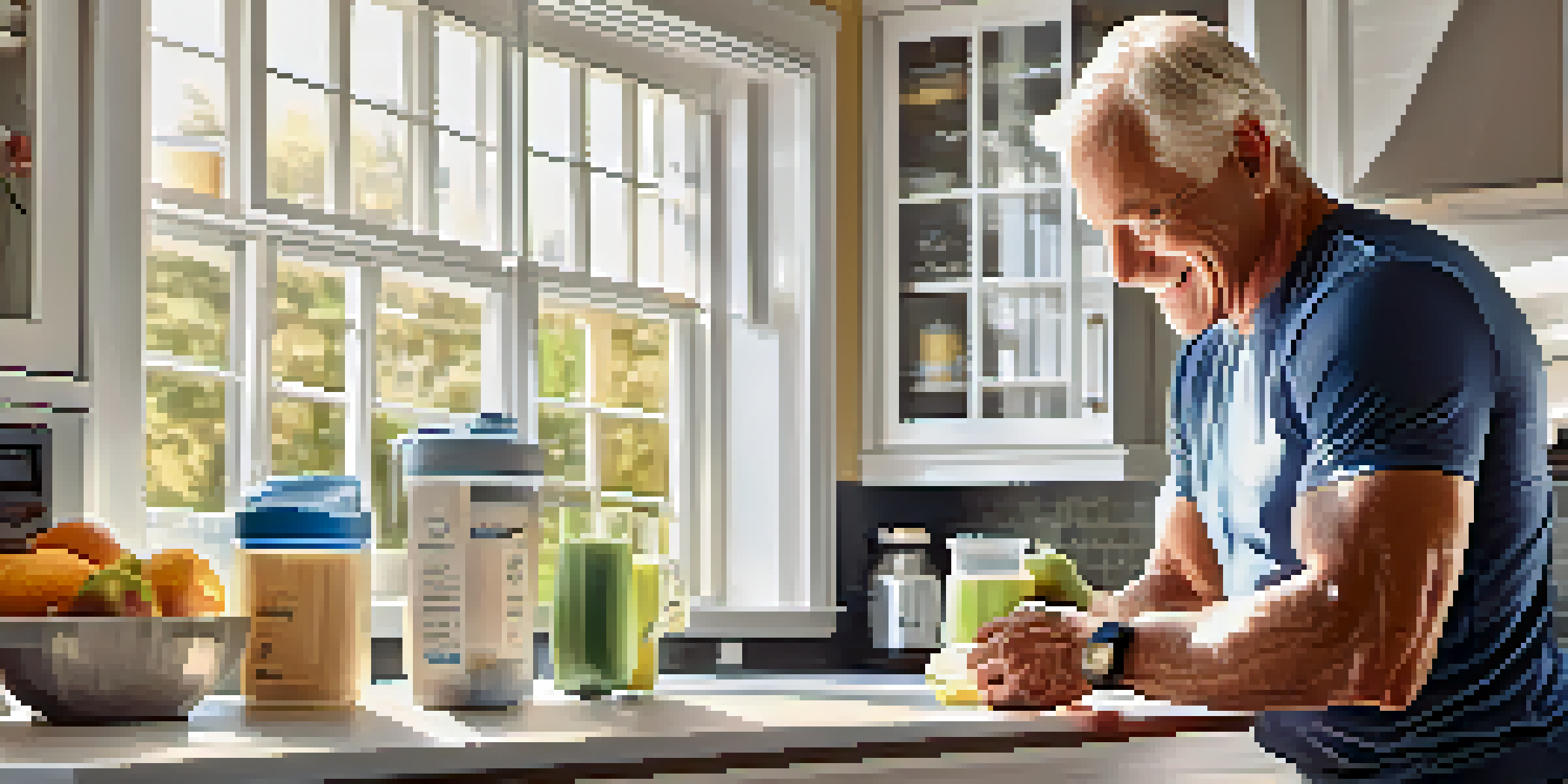A senior athlete makes a protein shake in a sunny kitchen, showcasing healthy ingredients.