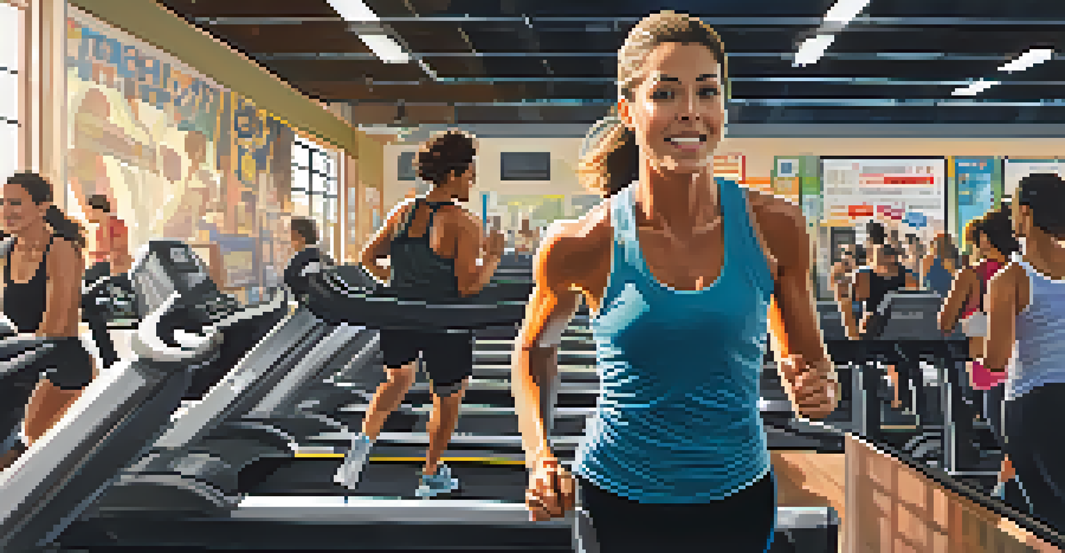 A person engaged in high-intensity interval training on a treadmill in a bright gym, with motivational posters in the background.