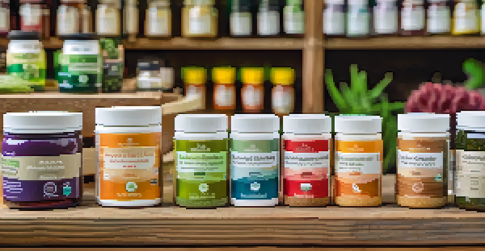 A close-up view of colorful sustainable supplements on a wooden table with eco-friendly labels and green plants in the background.
