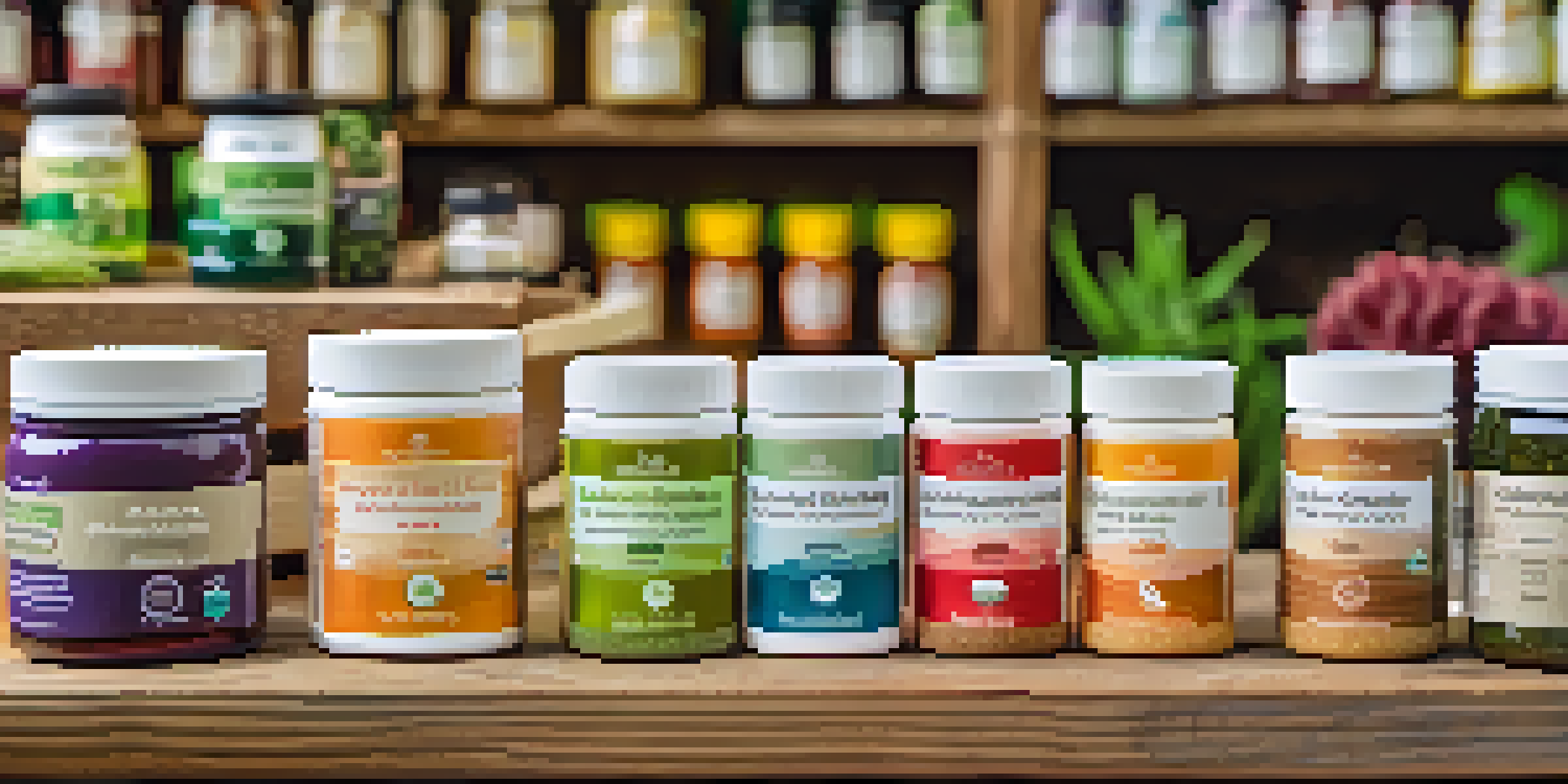 A close-up view of colorful sustainable supplements on a wooden table with eco-friendly labels and green plants in the background.