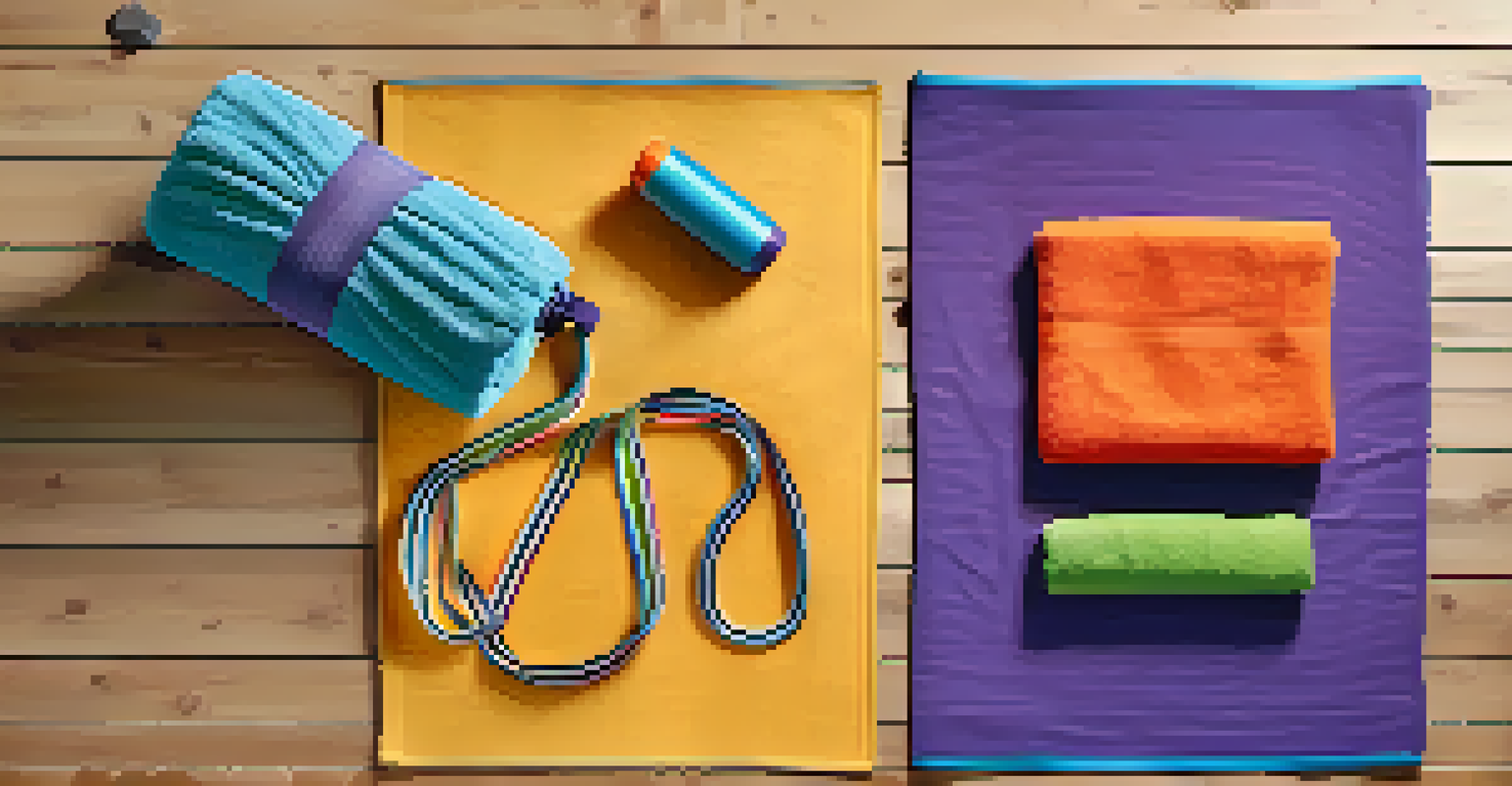Overhead view of a workout mat with resistance bands, a water bottle, and a towel on a wooden floor.