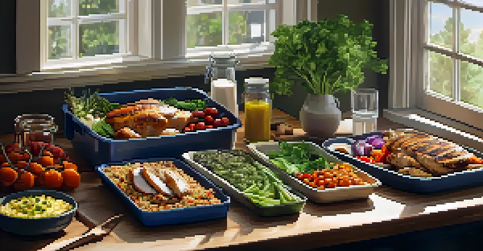 An organized meal prep setup featuring grilled chicken, quinoa, and colorful roasted vegetables in clear containers on a wooden countertop, with fresh herbs and a glass of water, under soft natural lighting.
