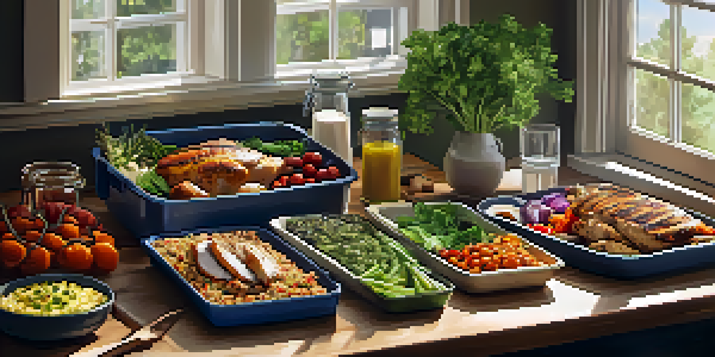 An organized meal prep setup featuring grilled chicken, quinoa, and colorful roasted vegetables in clear containers on a wooden countertop, with fresh herbs and a glass of water, under soft natural lighting.
