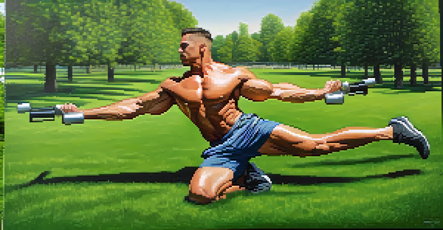 A bodybuilder doing hip openers in a park, demonstrating mobility and fitness.
