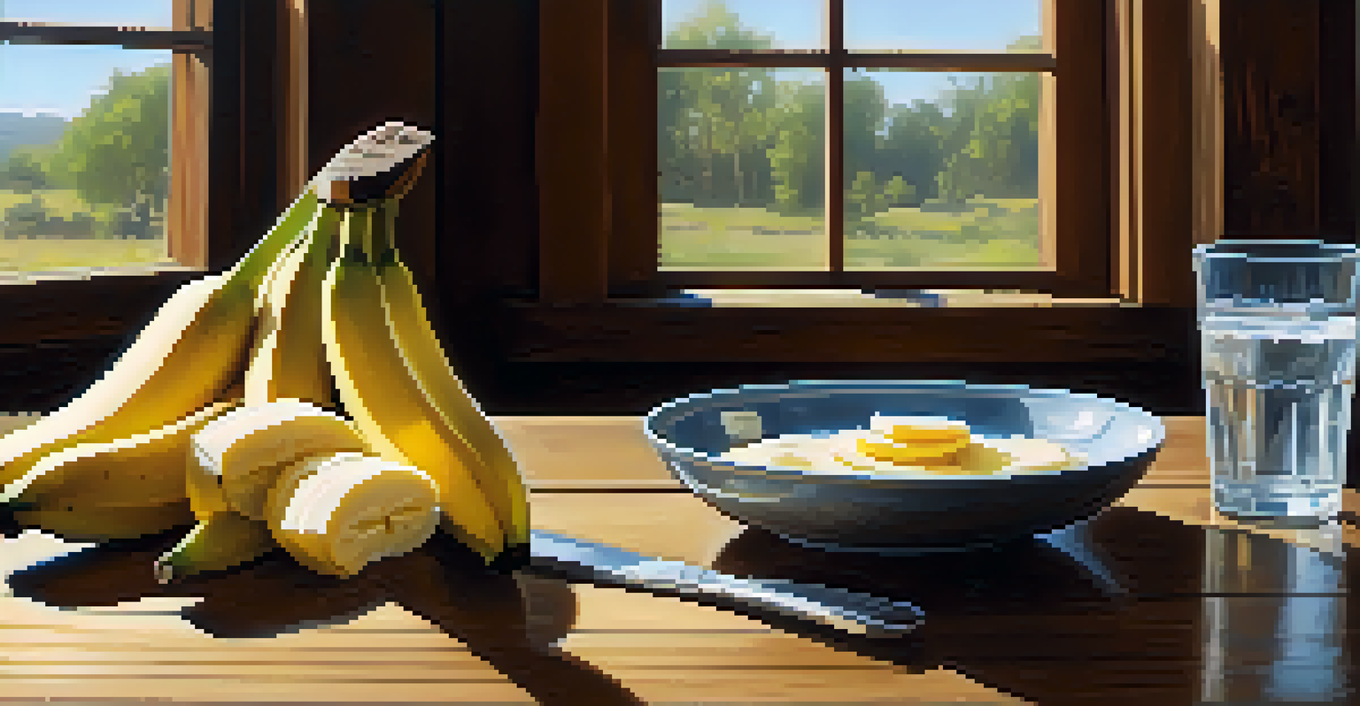 An athlete at a wooden table with a banana, protein powder, and water, emphasizing pre-workout nutrition.