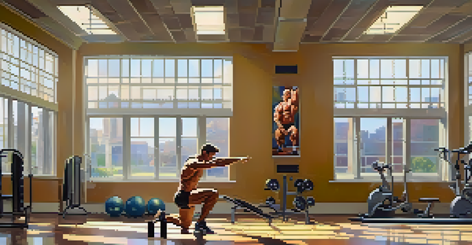 A bodybuilder performing leg swings as part of a warm-up routine in a bright gym.